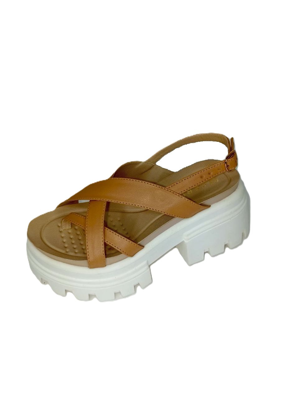 Sandalias de Dama con Plataforma Cruzada en Color Camel, Modelo 127