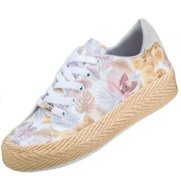 Zapatos Deportivos Chic para Dama en Blanco con Estampado Floral y Suela de Yute