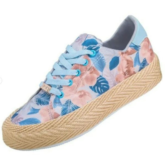 Zapatos Deportivos Elegantes para Dama en Azul Celeste con Estampado Floral y Suela de Yute - Modelo 290