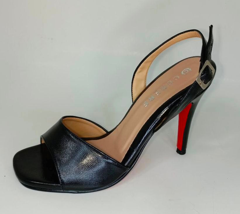 Sandalia de Tacón Alto para Mujer en Cuero Negro con Detalle Rojo - Modelo L-101 Elegante y Sofisticada