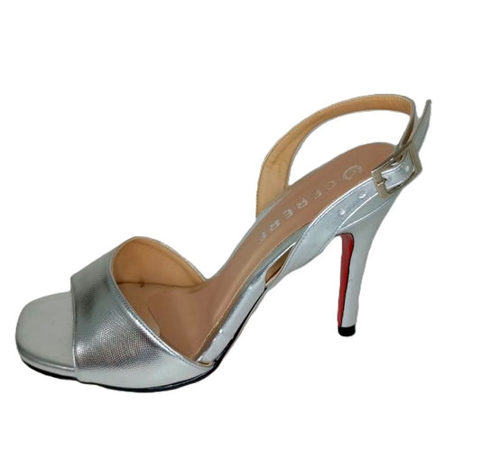 Sandalia de Tacón Alto Plateada con Detalle Rojo para Mujer - Modelo L-101 Elegante y Versátil