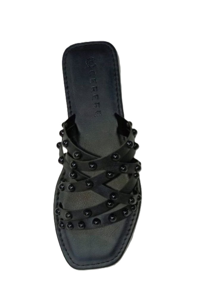 Sandalias Elegantes de Cuero Negro para Dama - Modelo QD56 con Tiras y Tachuelas