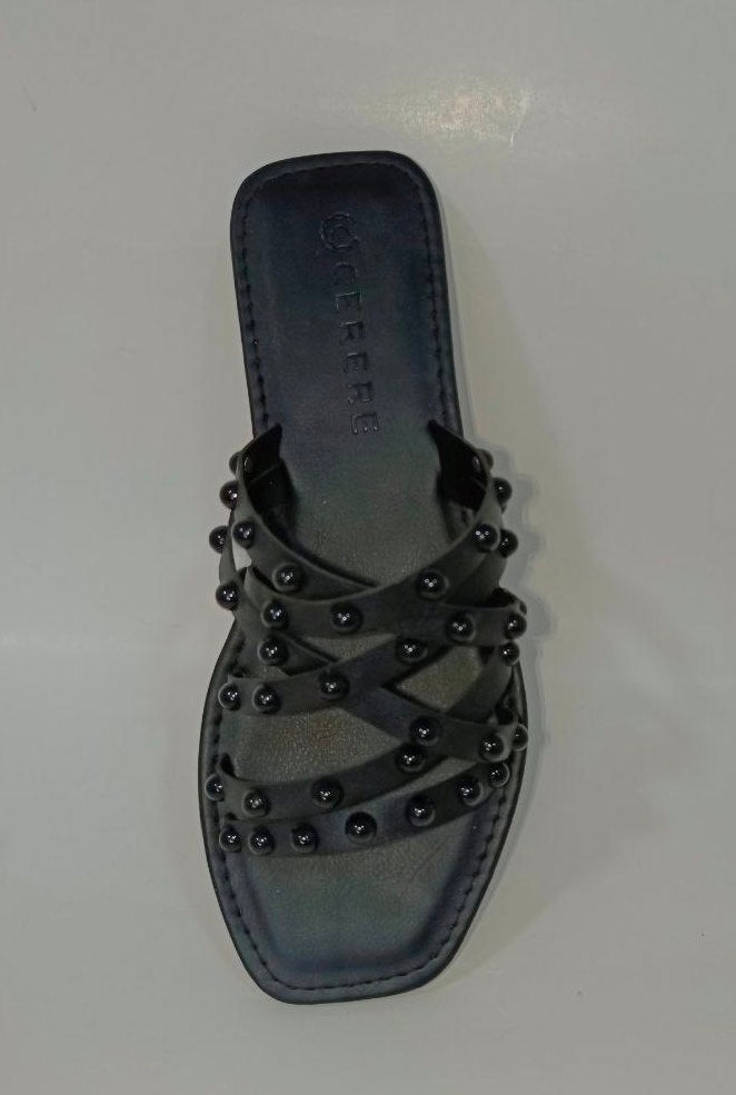 Sandalias Elegantes de Cuero Negro para Dama - Modelo QD56 con Tiras y Tachuelas