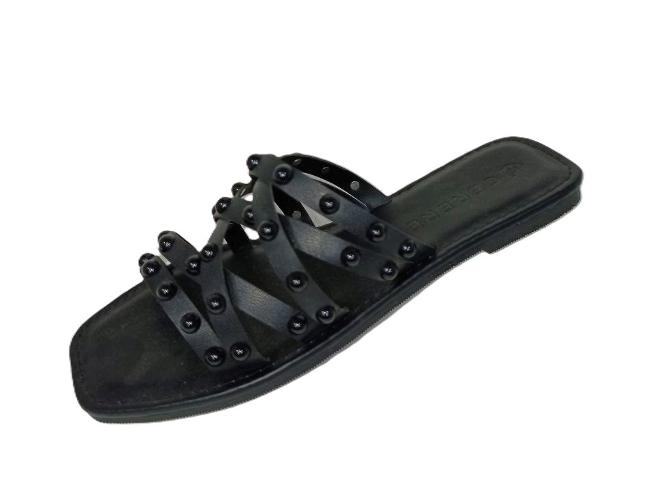 Sandalias Elegantes de Cuero Negro para Dama - Modelo QD56 con Tiras y Tachuelas