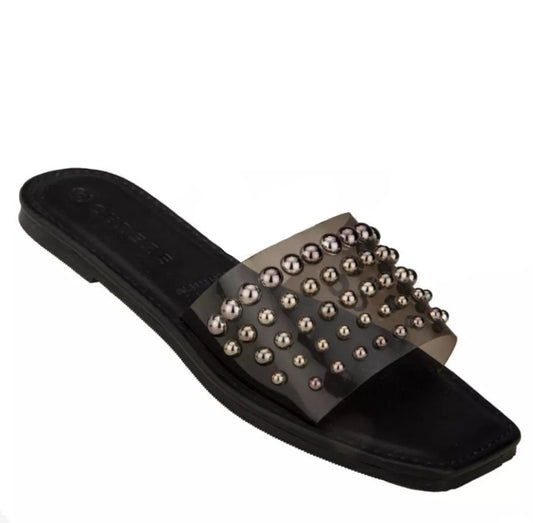 Sandalias de Dama Negras con Tira Gruesa y Tachuelas Plateadas - Modelo QN10 de Cerere Negro / 35 / Cuero