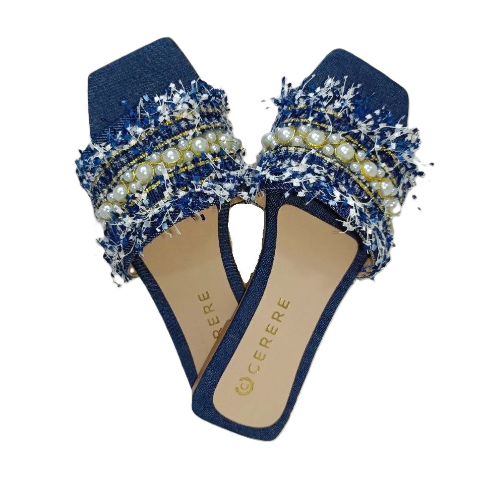 Sandalias Elegantes para Dama en Azul Marino con Detalles de Perlas - Modelo V111K