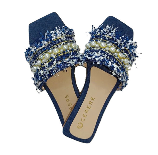 Sandalias Elegantes para Dama en Azul Marino con Detalles de Perlas - Modelo V111K