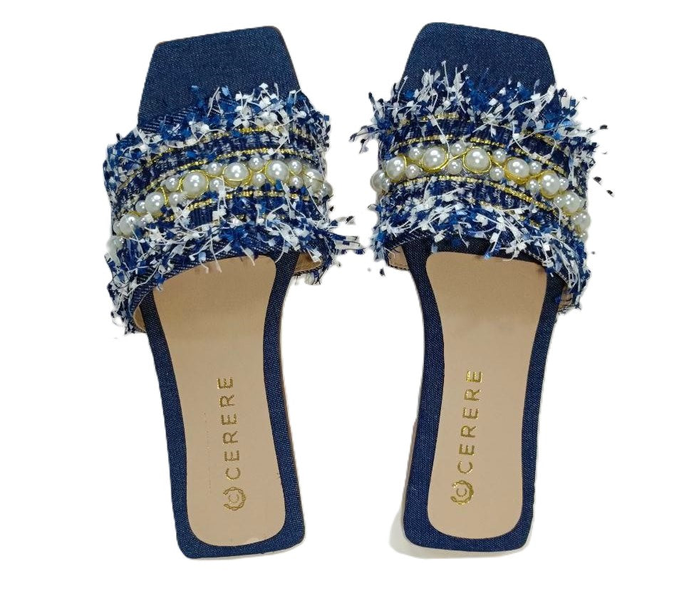 Sandalias Elegantes para Dama en Azul Marino con Detalles de Perlas - Modelo V111K